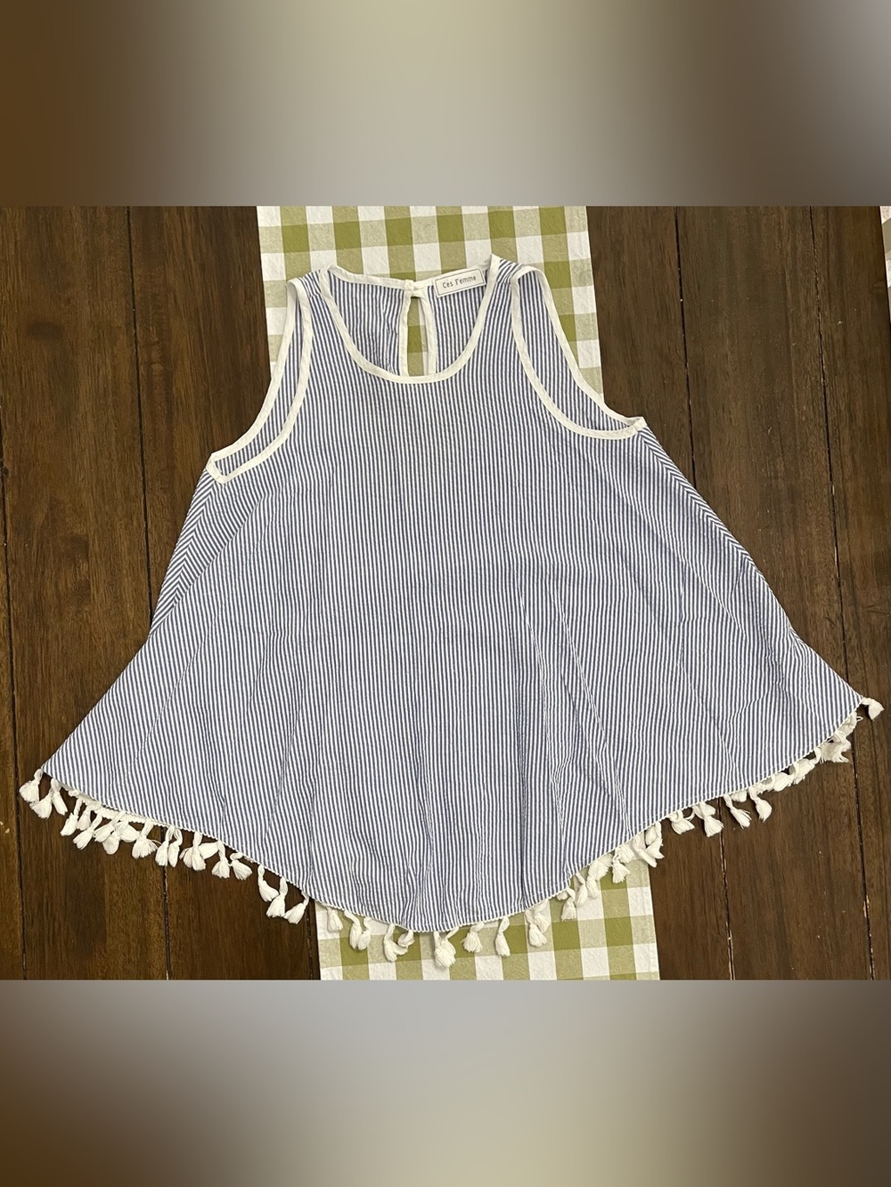 Ces Femme Blue & White Striped Tank Top with Tassel Trim